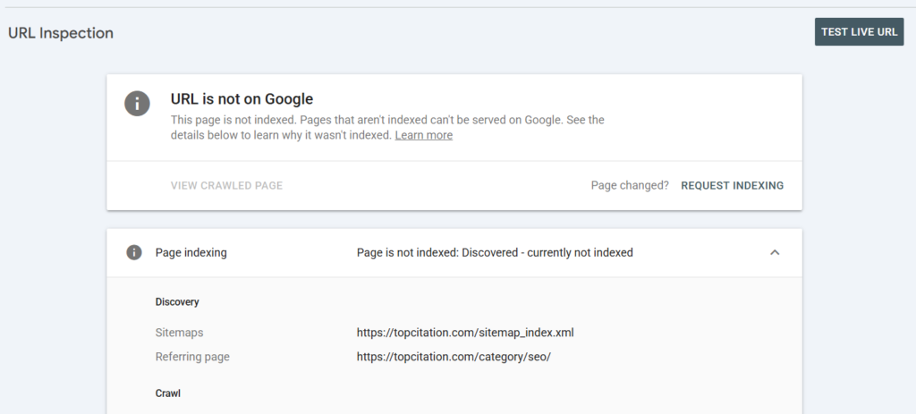 A Google Search Console URL Inspection screenshot